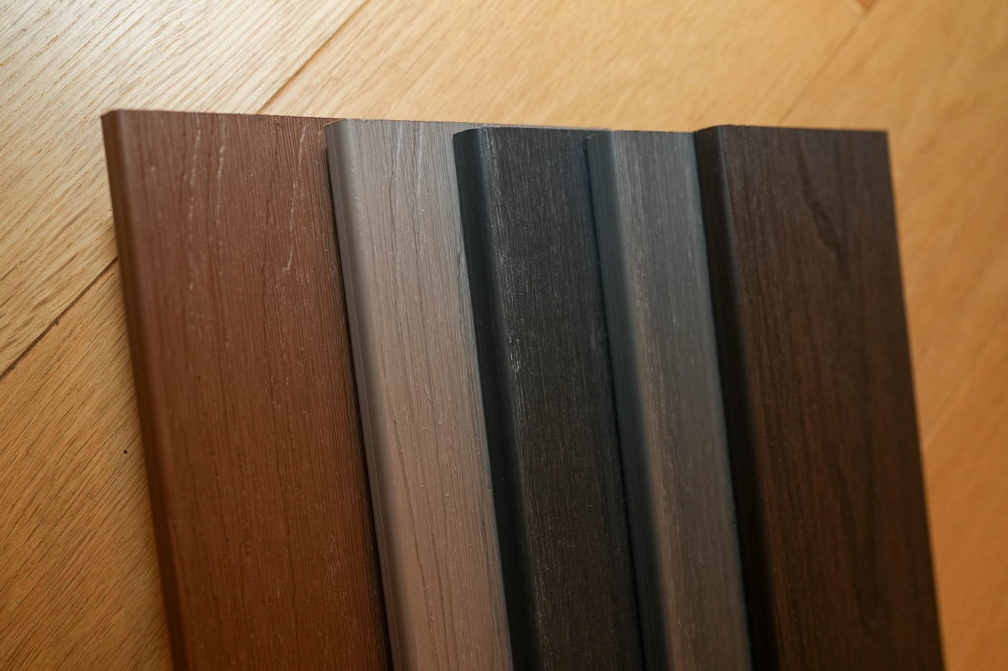 Close-up of grooved Hidecki composite decking boards