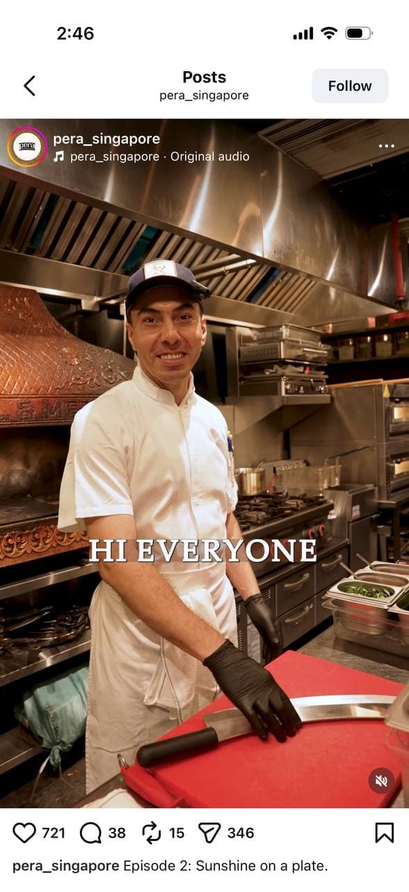 Pera Singapore chef introducing a short-form video