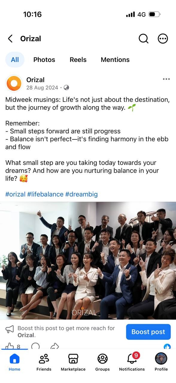 Orizal growth and life balance social ad shown inside a phone mockup
