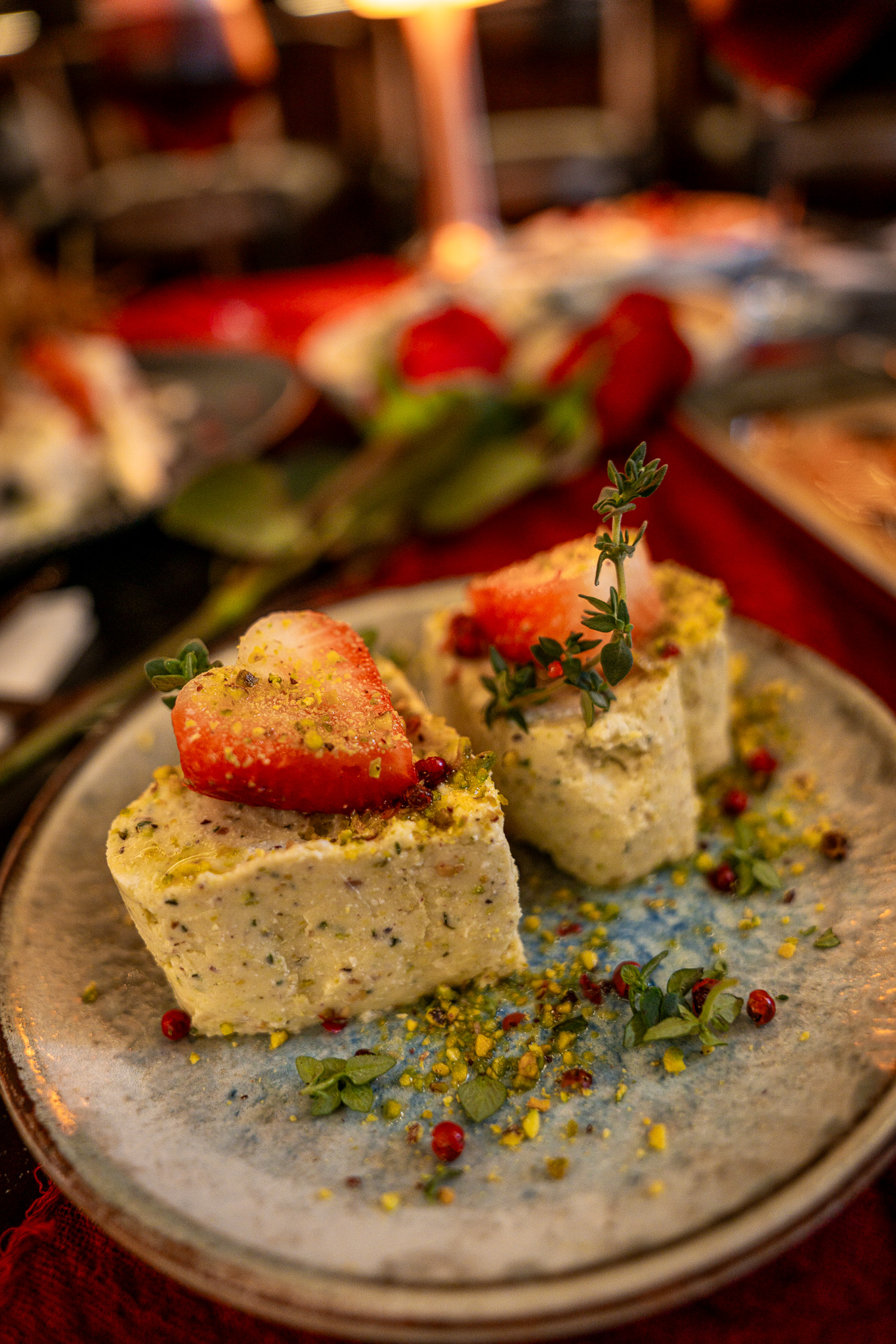 Pistachio halvah dessert with strawberries
