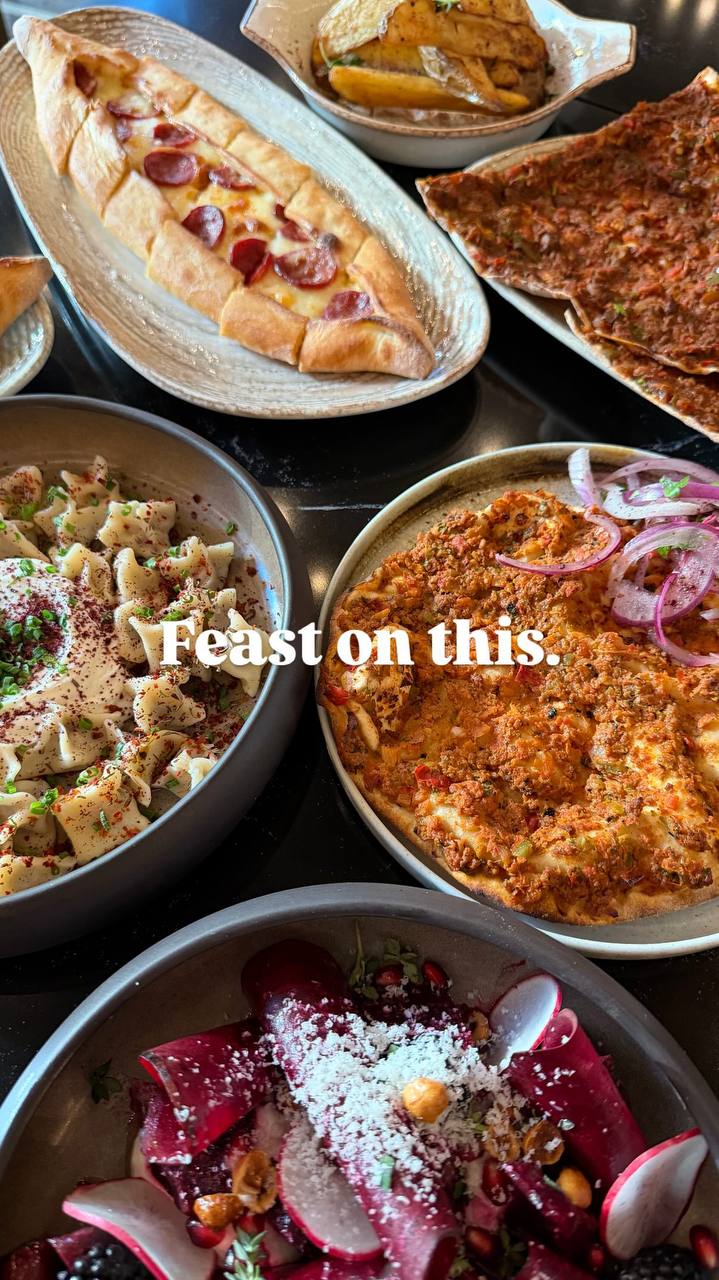 Pera Instagram Story showing a spread of Turkish dishes with the text Feast on this