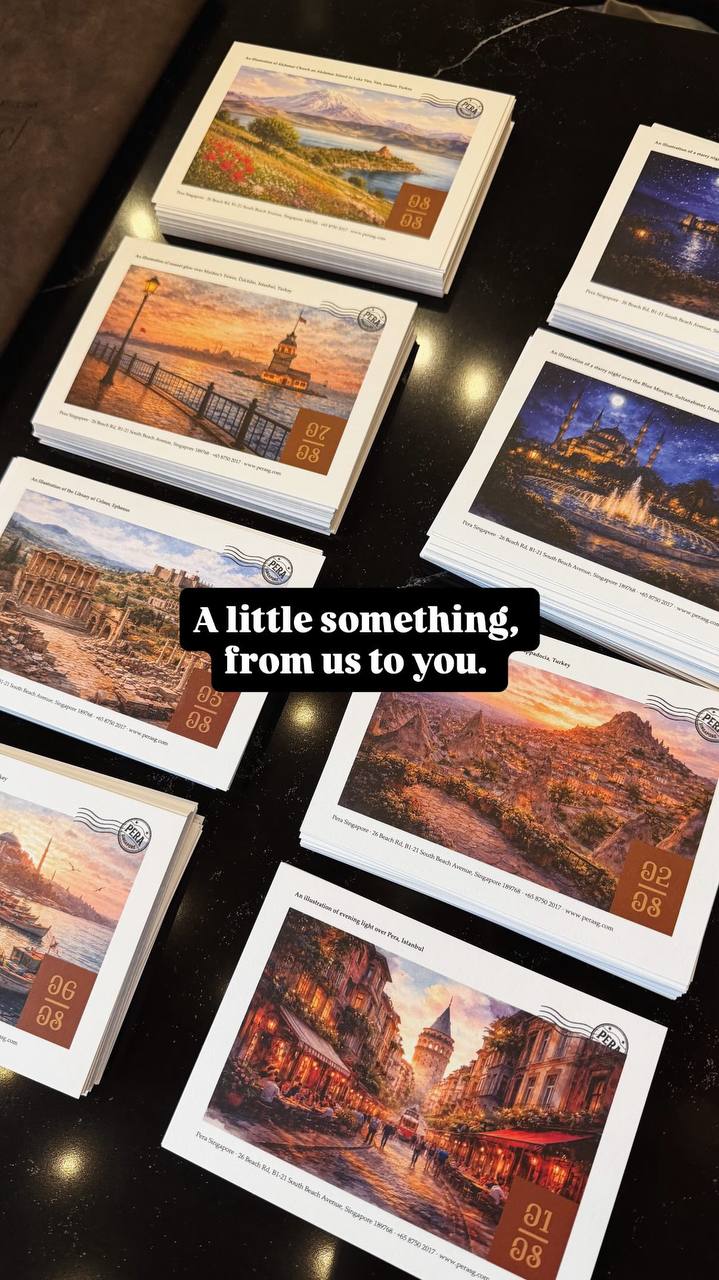 Pera Instagram Story showing stacks of illustrated postcards with the text A little something, from us to you
