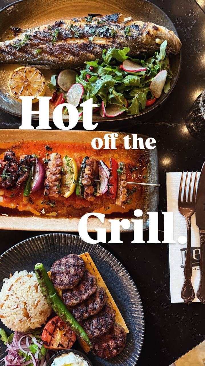 Pera Instagram Story showing grilled fish, octopus, and kebab with the text Hot off the Grill