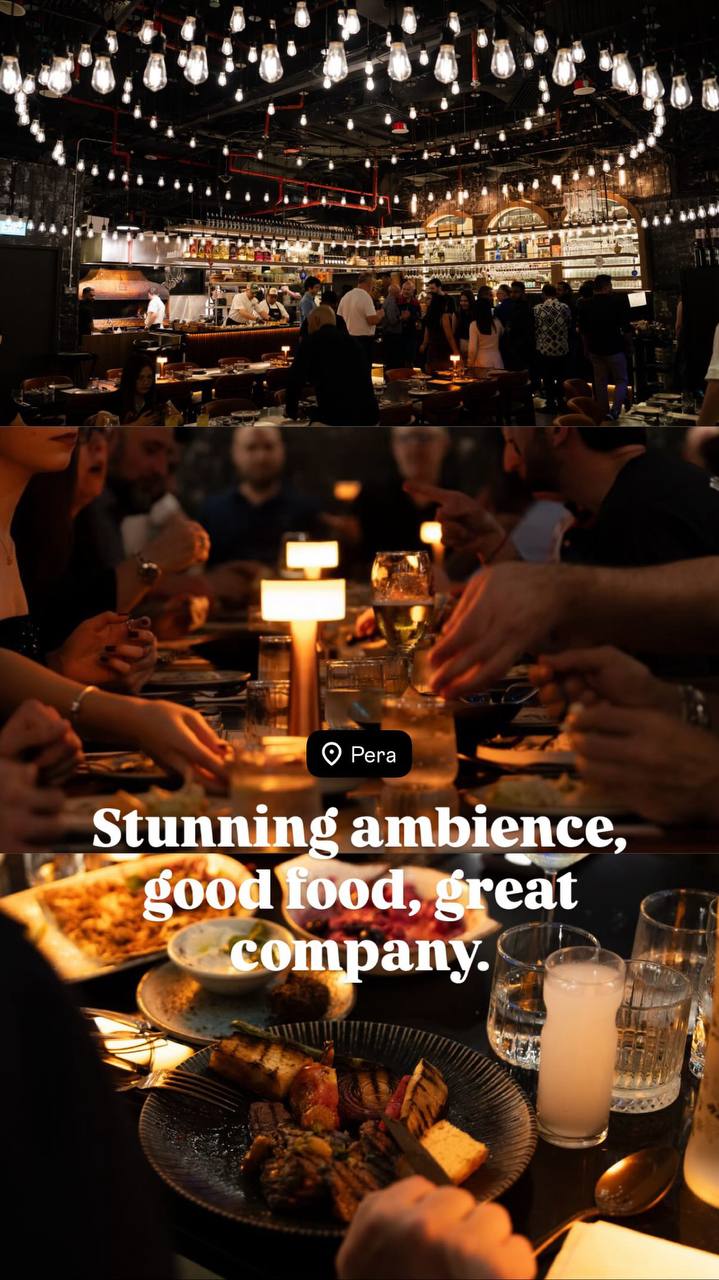 Pera Instagram Story collage showing ambience, dining, and food with the text Stunning ambience, good food, great company