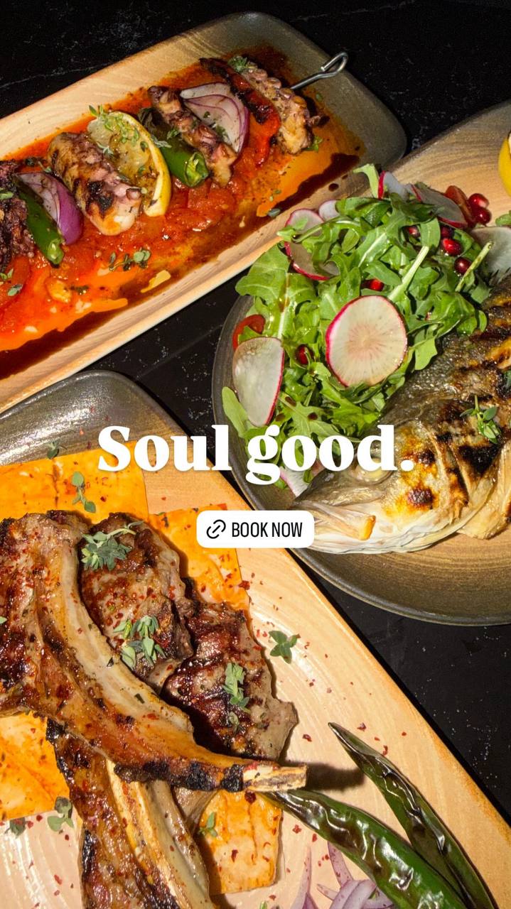 Pera Instagram Story showing grilled seafood, fish, and lamb with the text Soul good and Book now