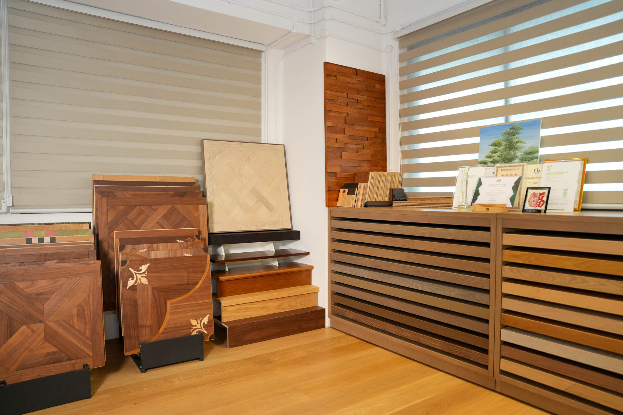 Wide showroom display of timber material samples