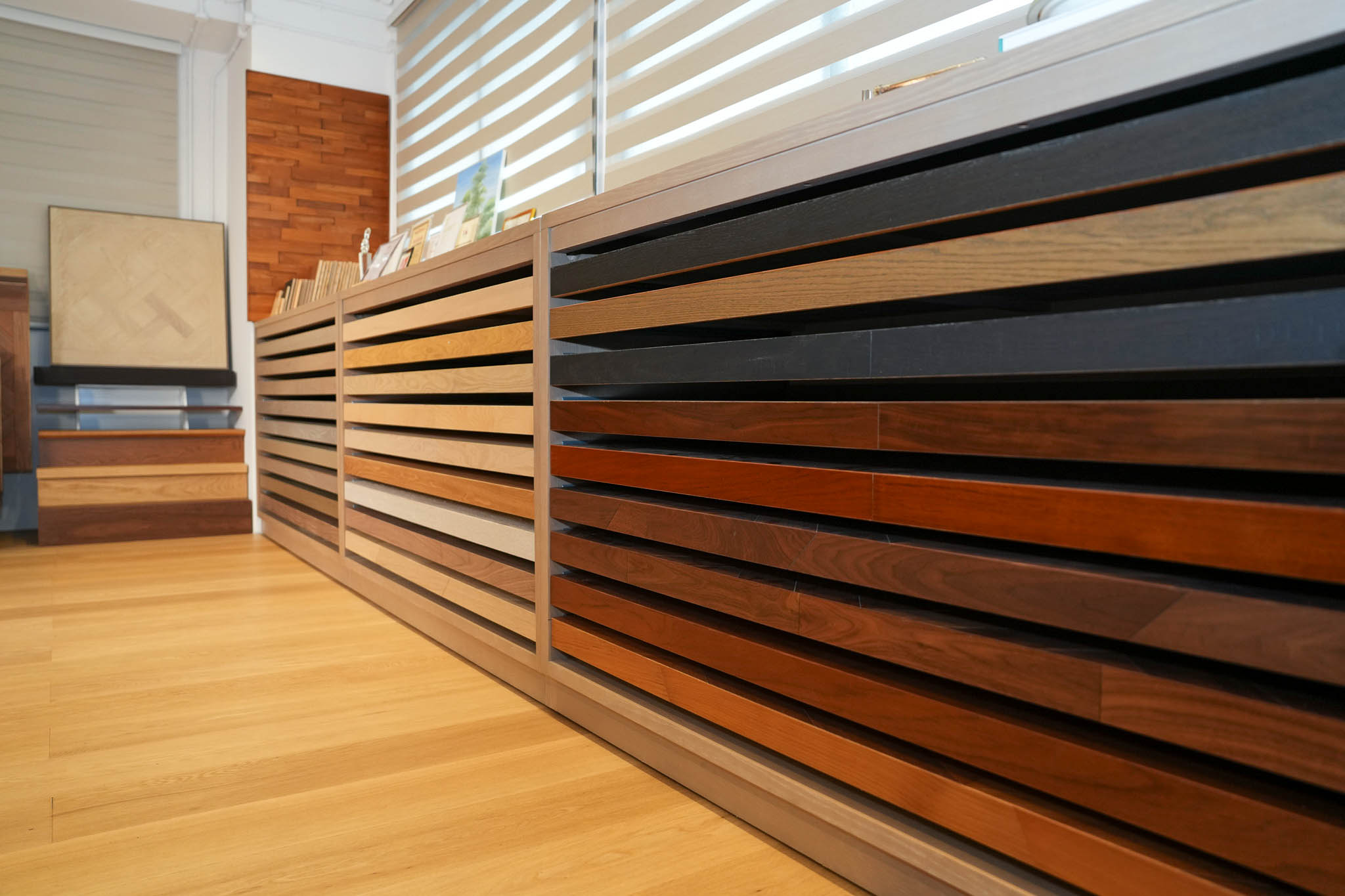 Close-up of horizontal timber slatwall display
