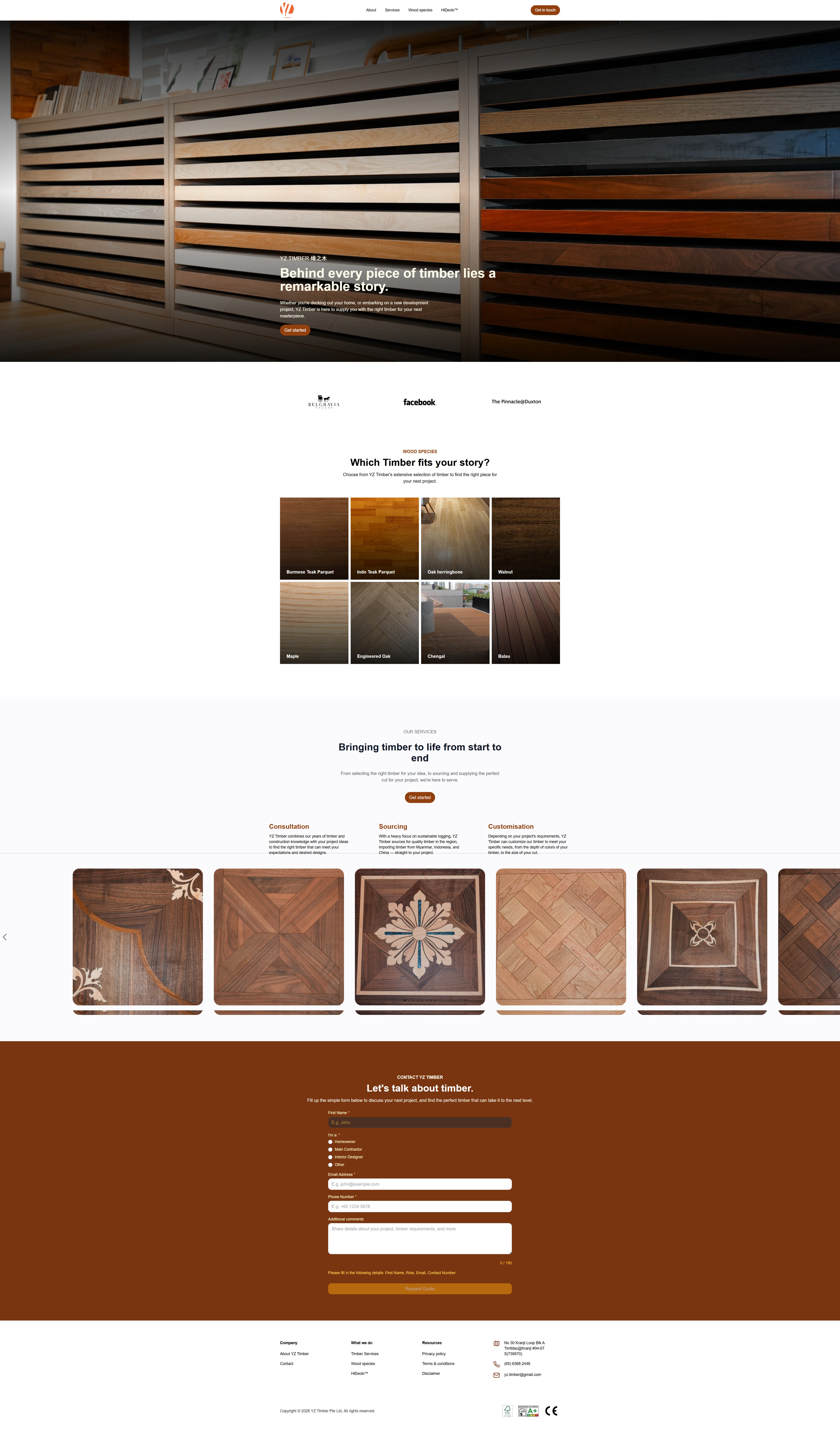 YZ Timber website home page with timber product categories, services, and enquiry form